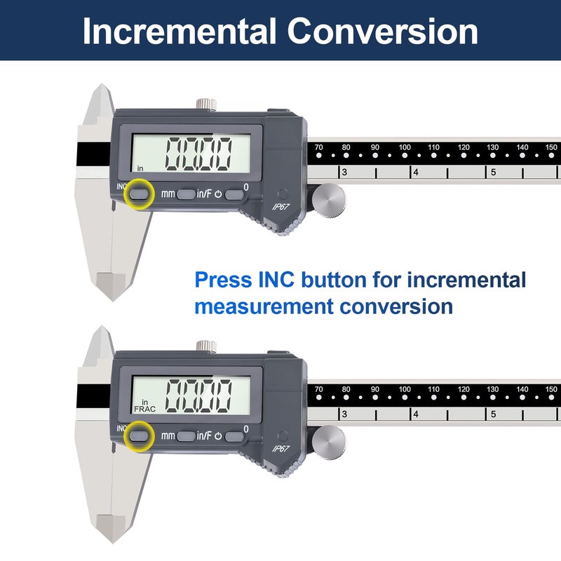 PEC TOOLS 6 Inch/150mm Digital Caliper & Made in US 6 Inch 16R Rule (32nds,64ths,50ths,100ths), Industrial-Grade Stainless Steel Caliper, IP67 Waterproof & Oil-Resistant, Inch/MM/Fraction Modes - Image 5